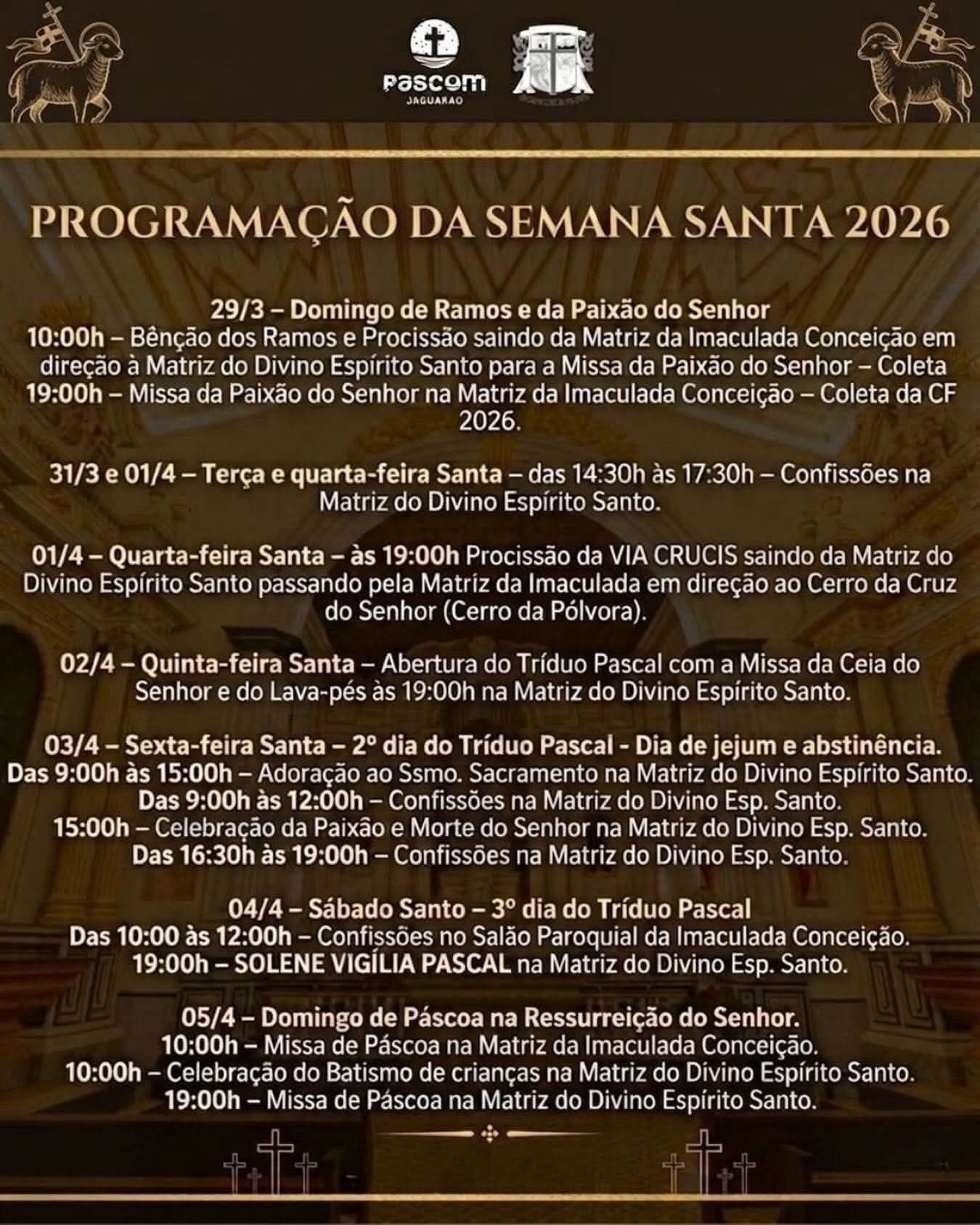 Igrejas Imaculada e Matriz do Divino divulgam programação da Semana Santa